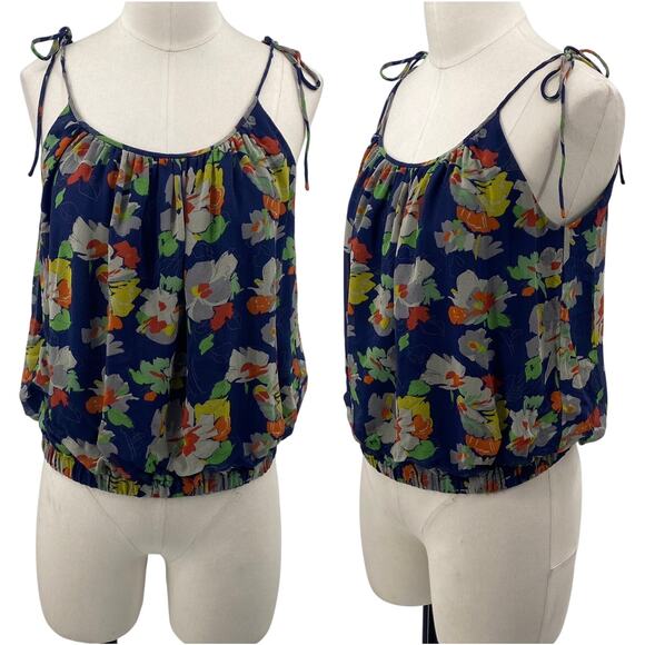 Theory Silk Floral Print Tie Strap Tank Top Blouson Scoopneck Blue Orange XS - Picture 1 of 7